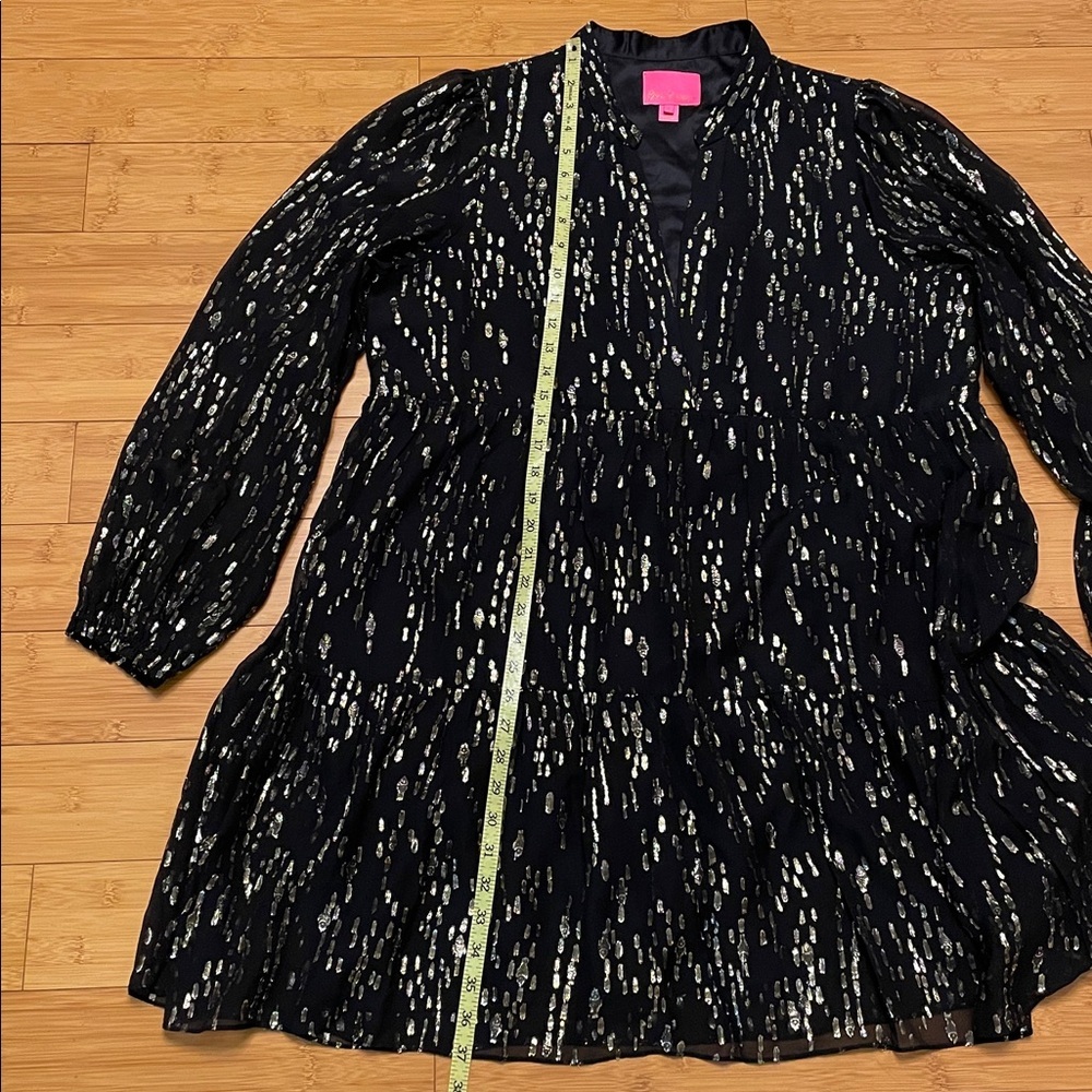 Lilly Pulitzer Winona Silk Dress Size XL Swing Onyx Fish Clip Gold Chiffon Black - Picture 17 of 17